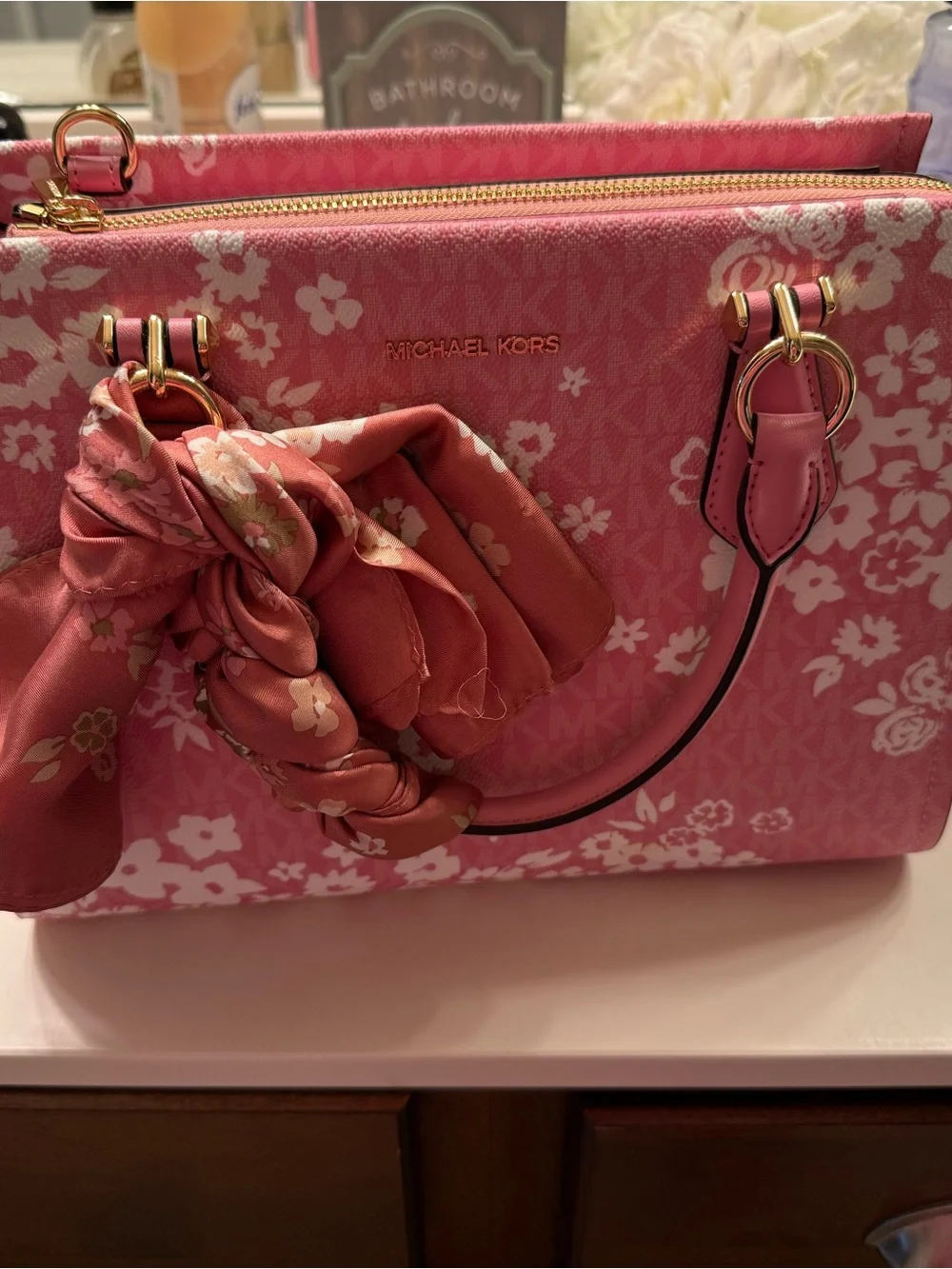 Michael Kors Pink Floral Satchel with Gold Hardware
